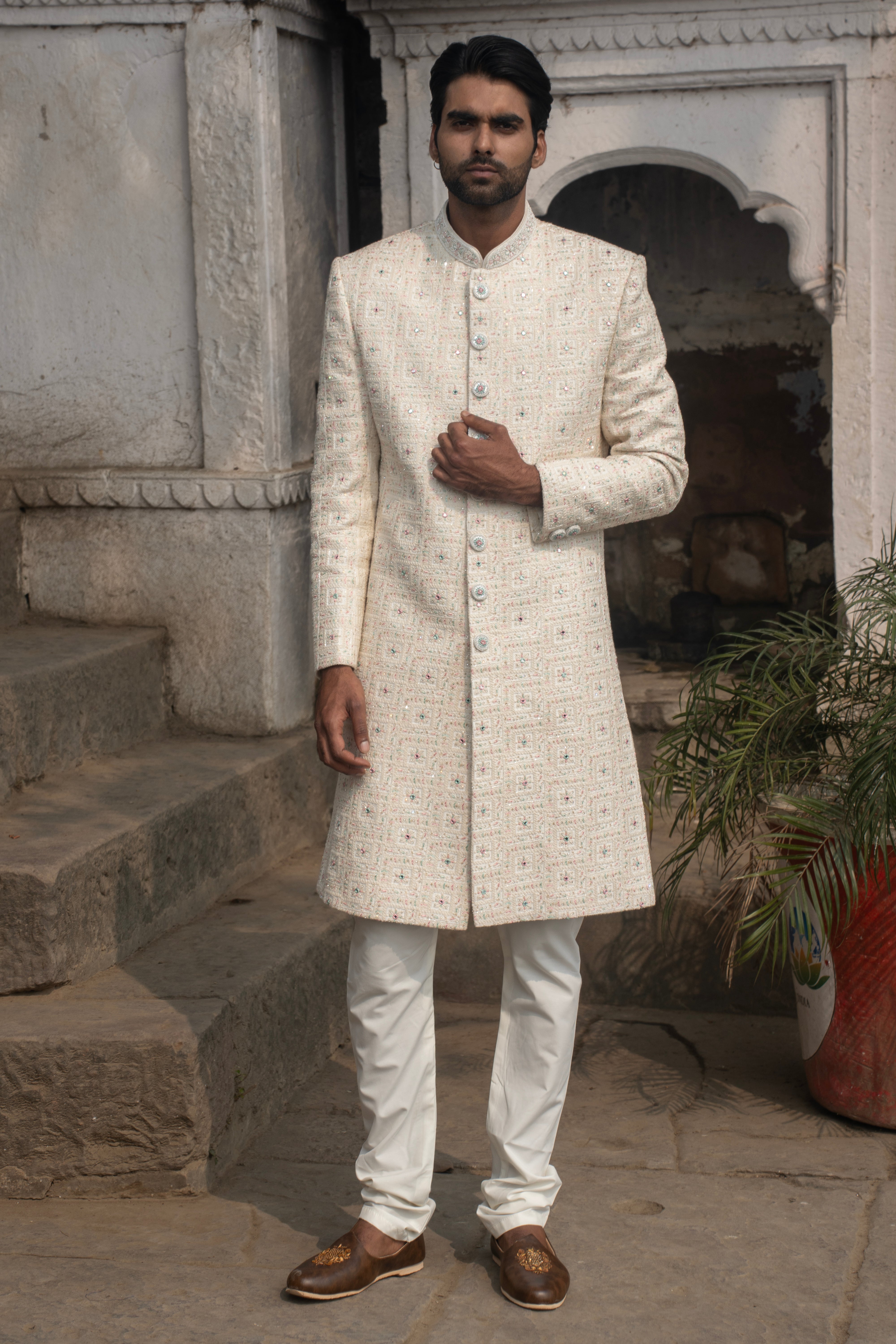 Rajwada White Indowestern With Square Embriodery Work