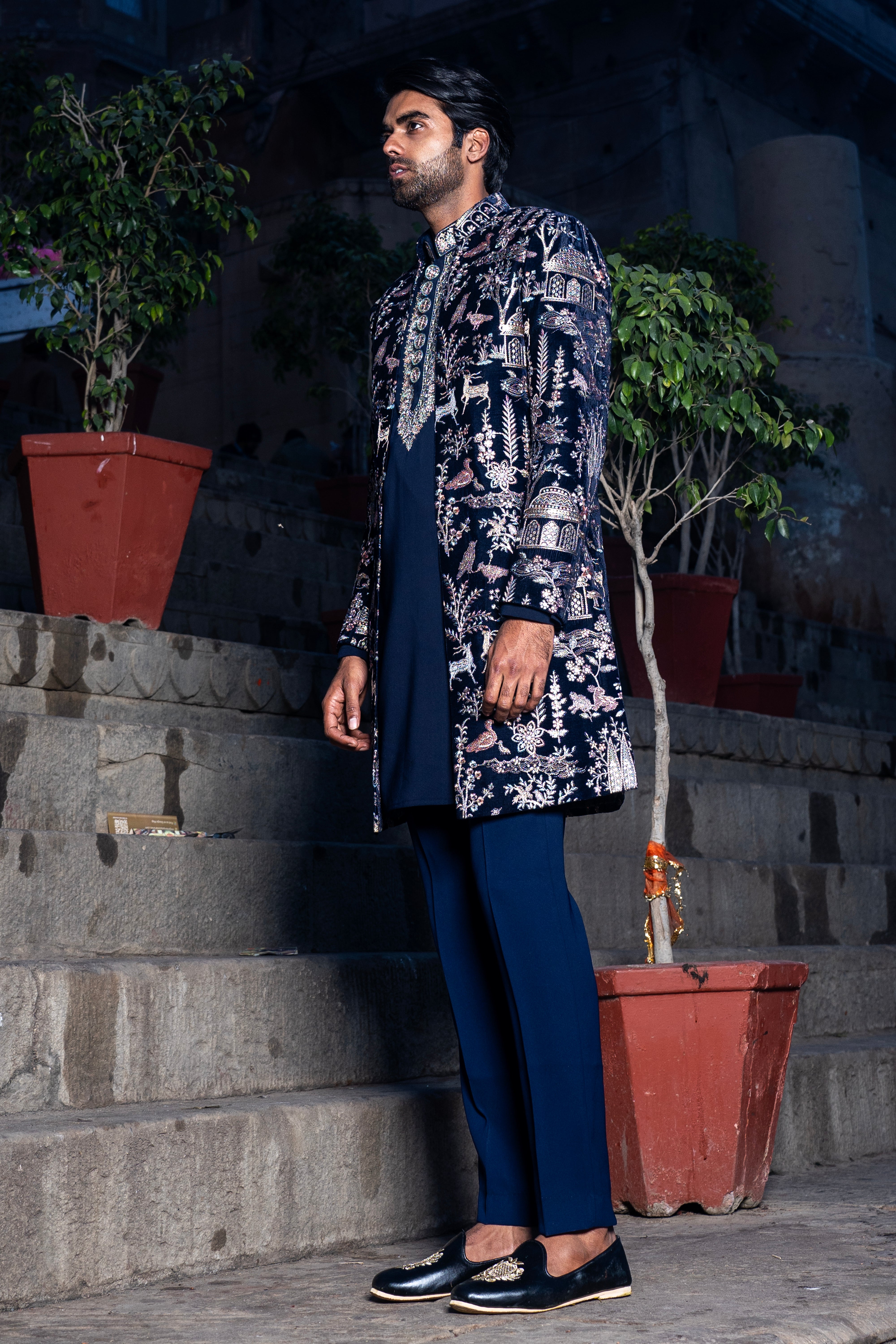 Rajwada Navy Blue Indowestern with Natural Embroidery Work