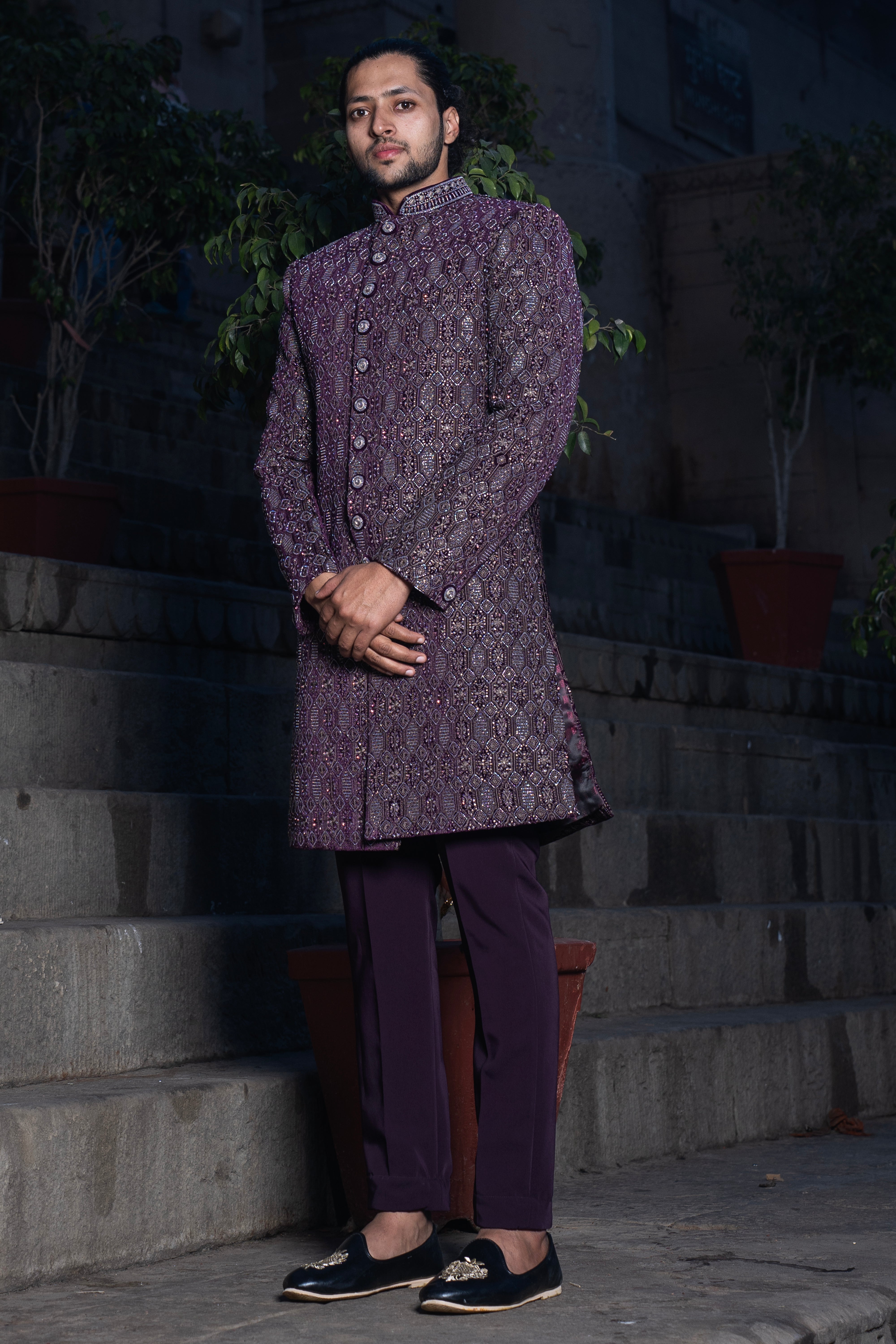 Rajwada Velvel Maroon Indowestern with Heavy Embroidery