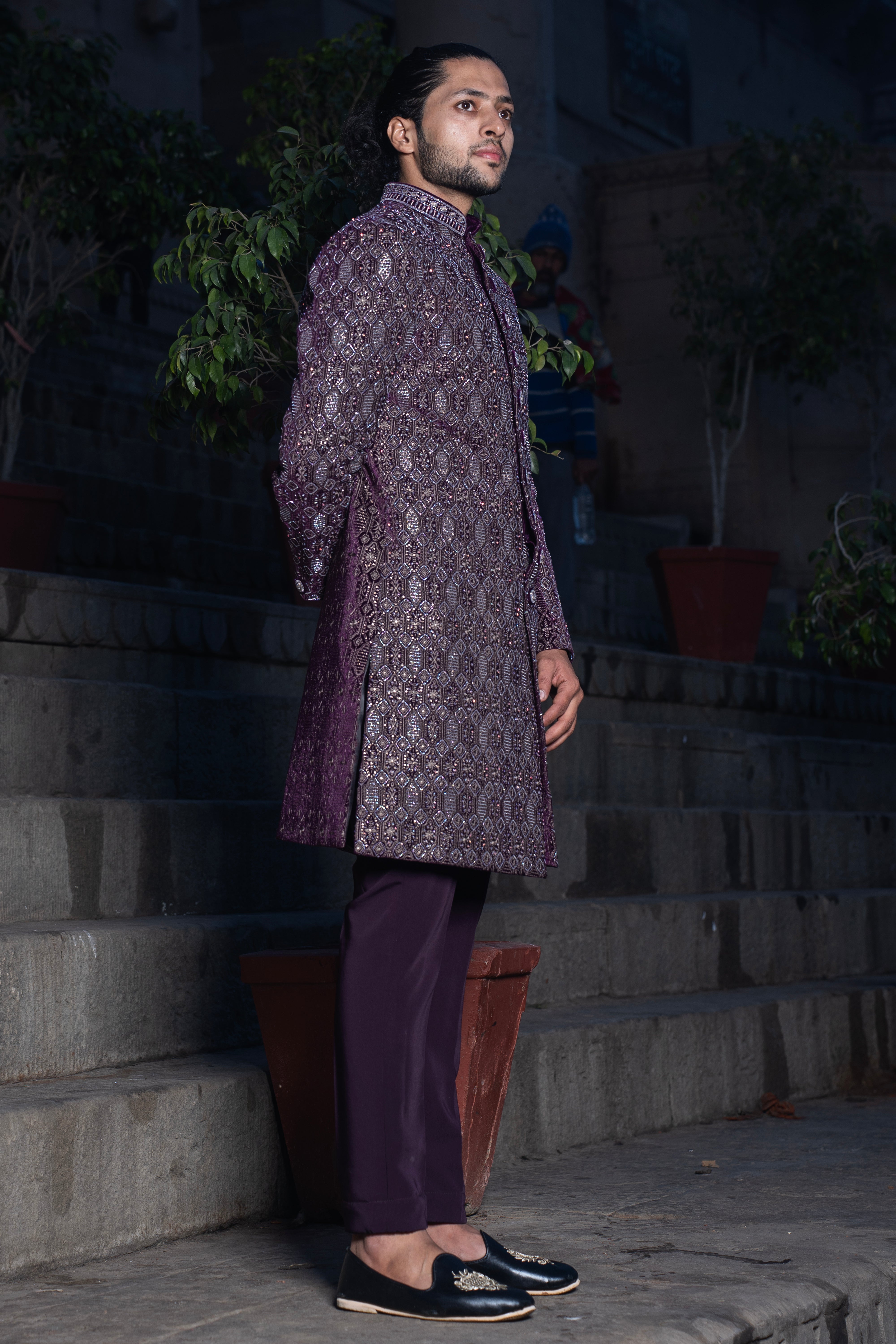 Rajwada Velvel Maroon Indowestern with Heavy Embroidery