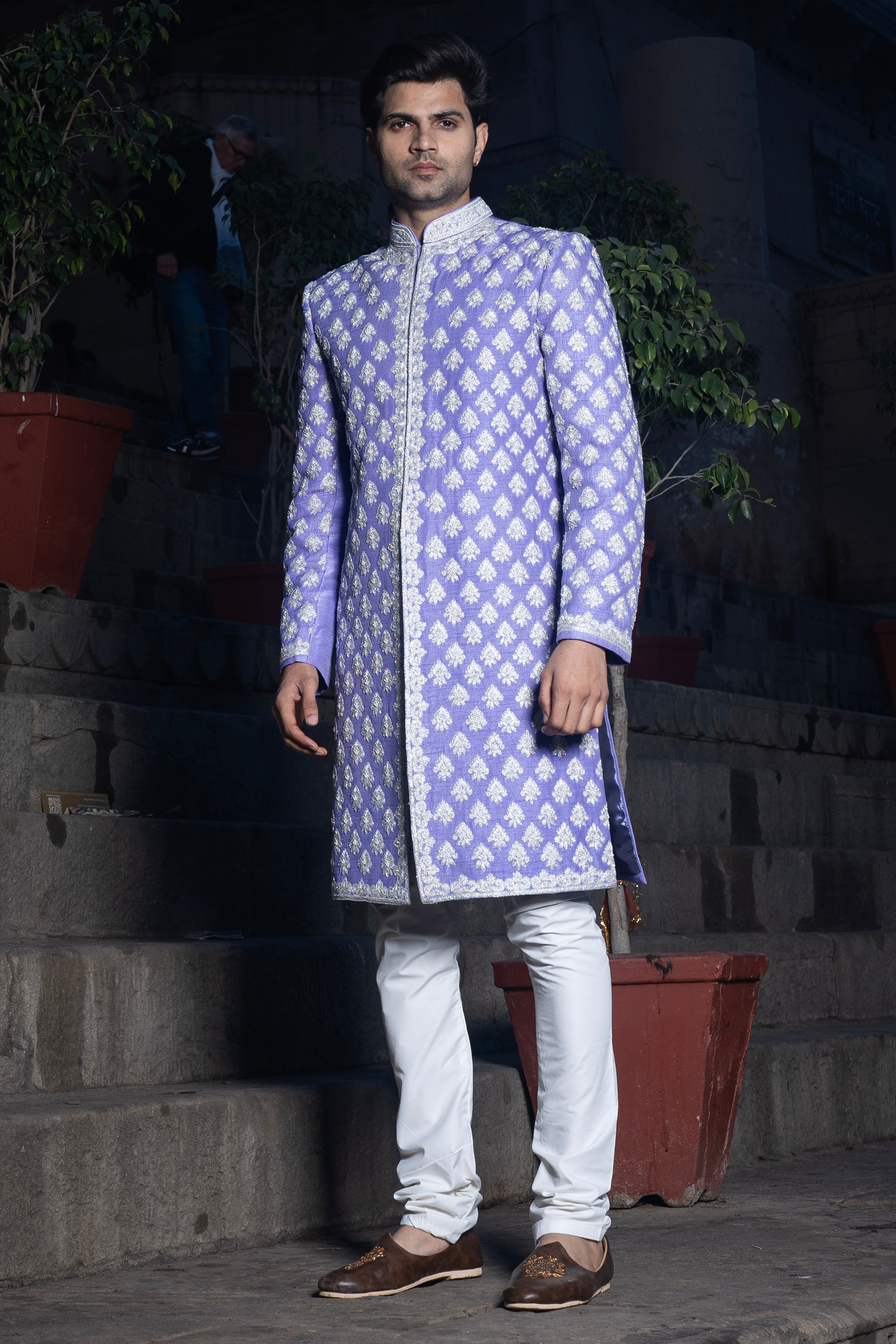 Rajwada Light Purple Indowestern With White Treadwork