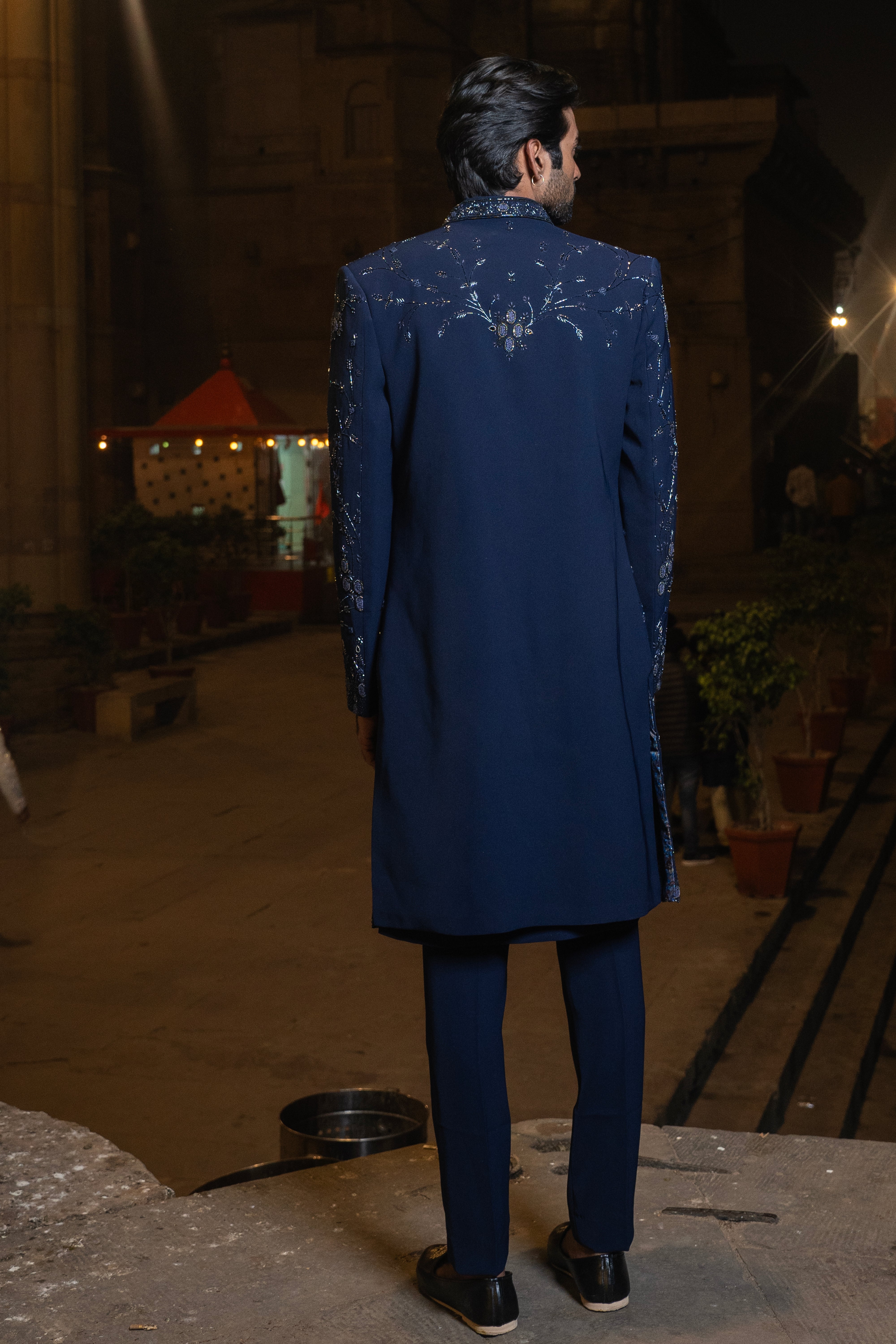 Rajwada Navy Blue Indowestern With Floral Embroidery