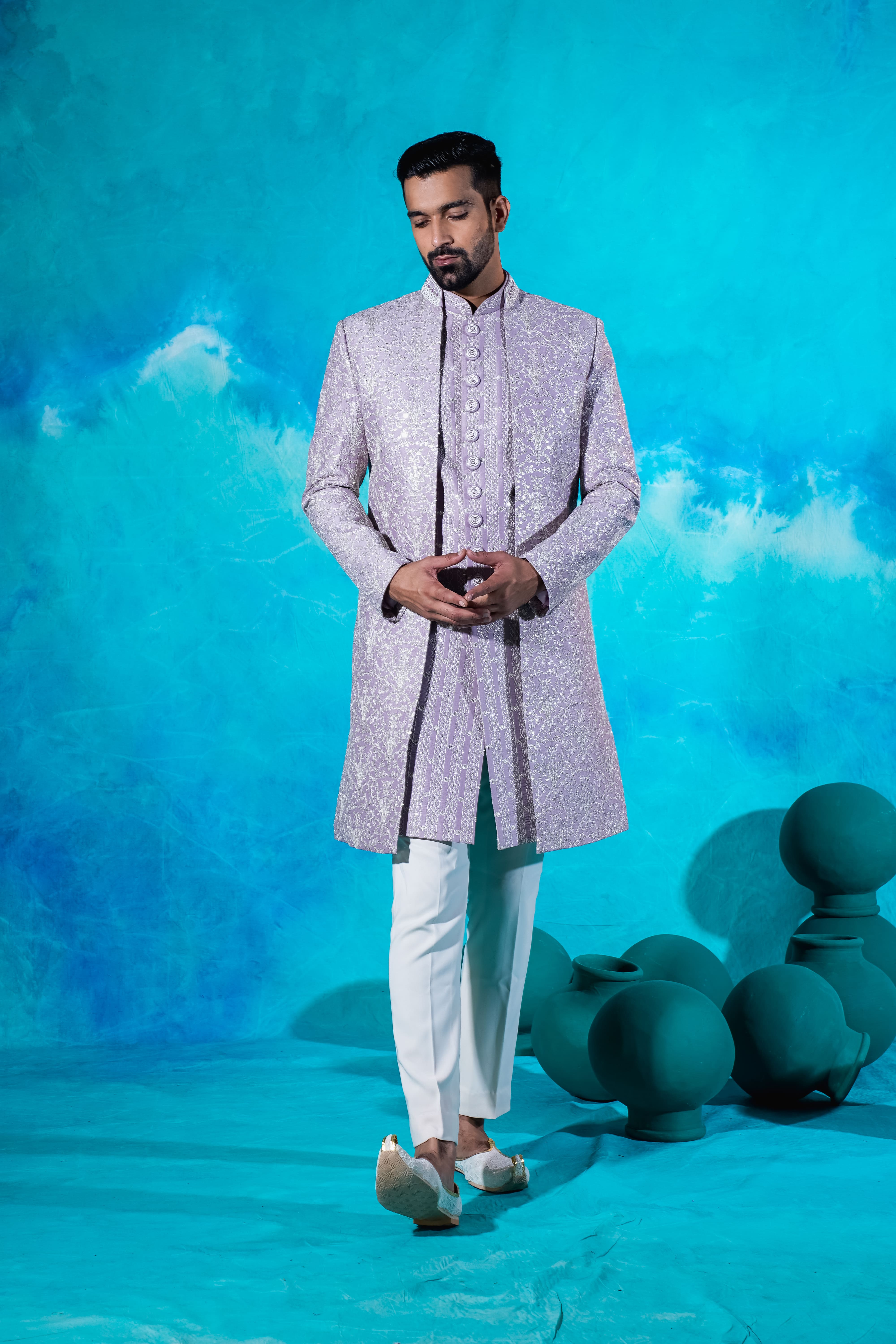 Rajwada Silk Lavender Indo Front Open With Floral Thread Work