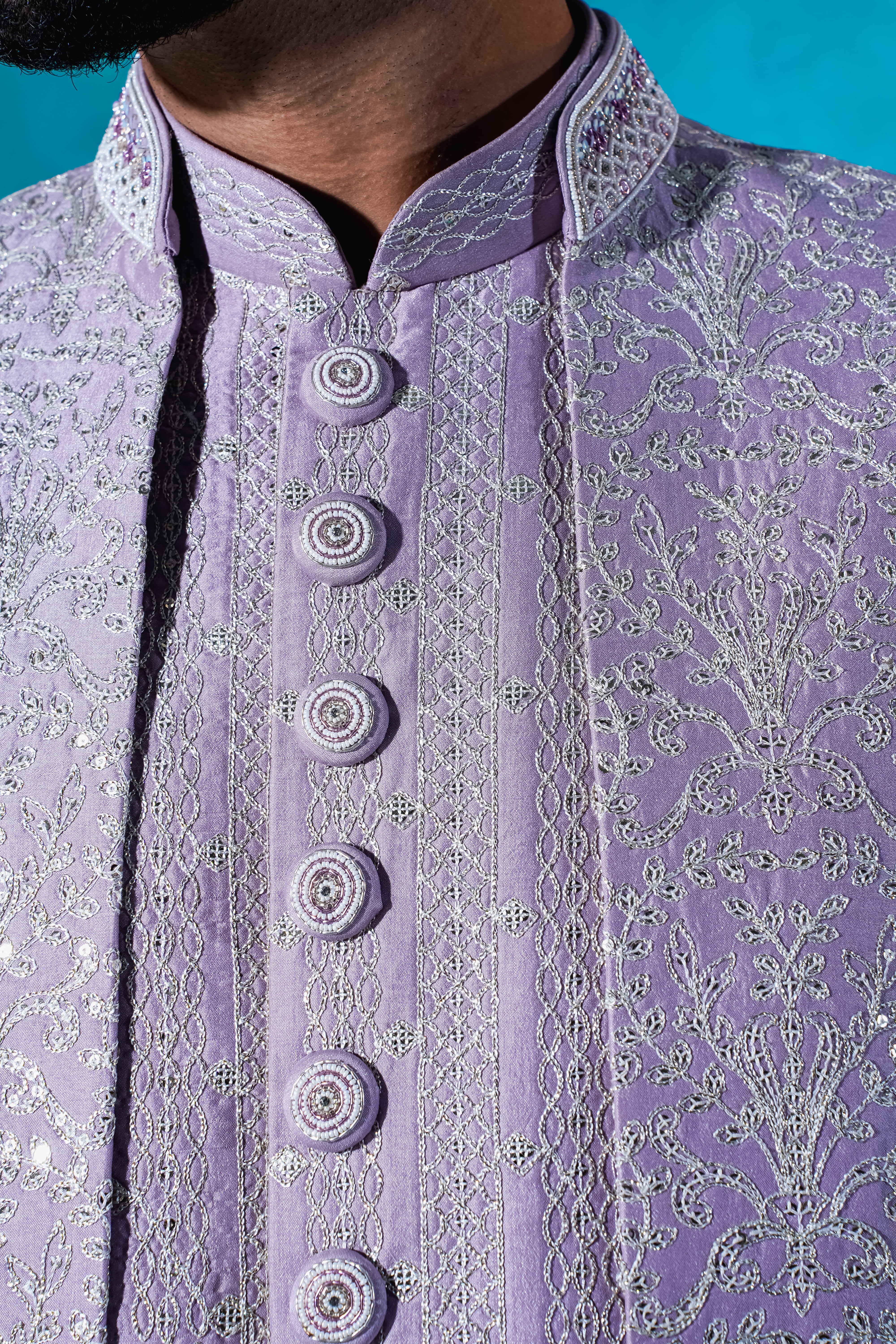Rajwada Silk Lavender Indo Front Open With Floral Thread Work
