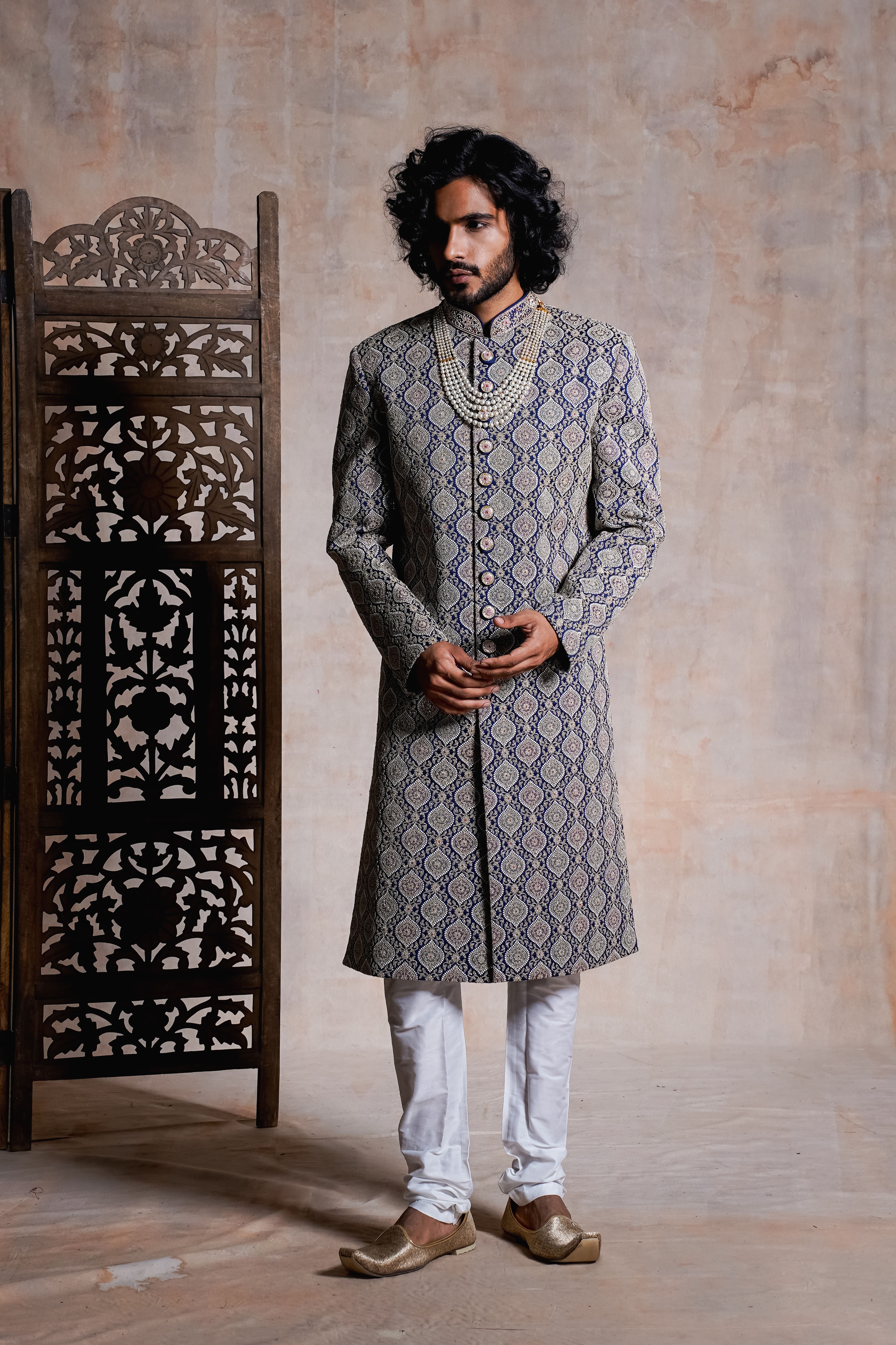 Rajwada Multi Colour Silk Sherwani With Thread Work