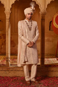 Beige Pure Silk Resham Sherwani with Stole