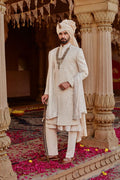 Cream Heavy Aari-Zardozi Linen Silk Sherwani