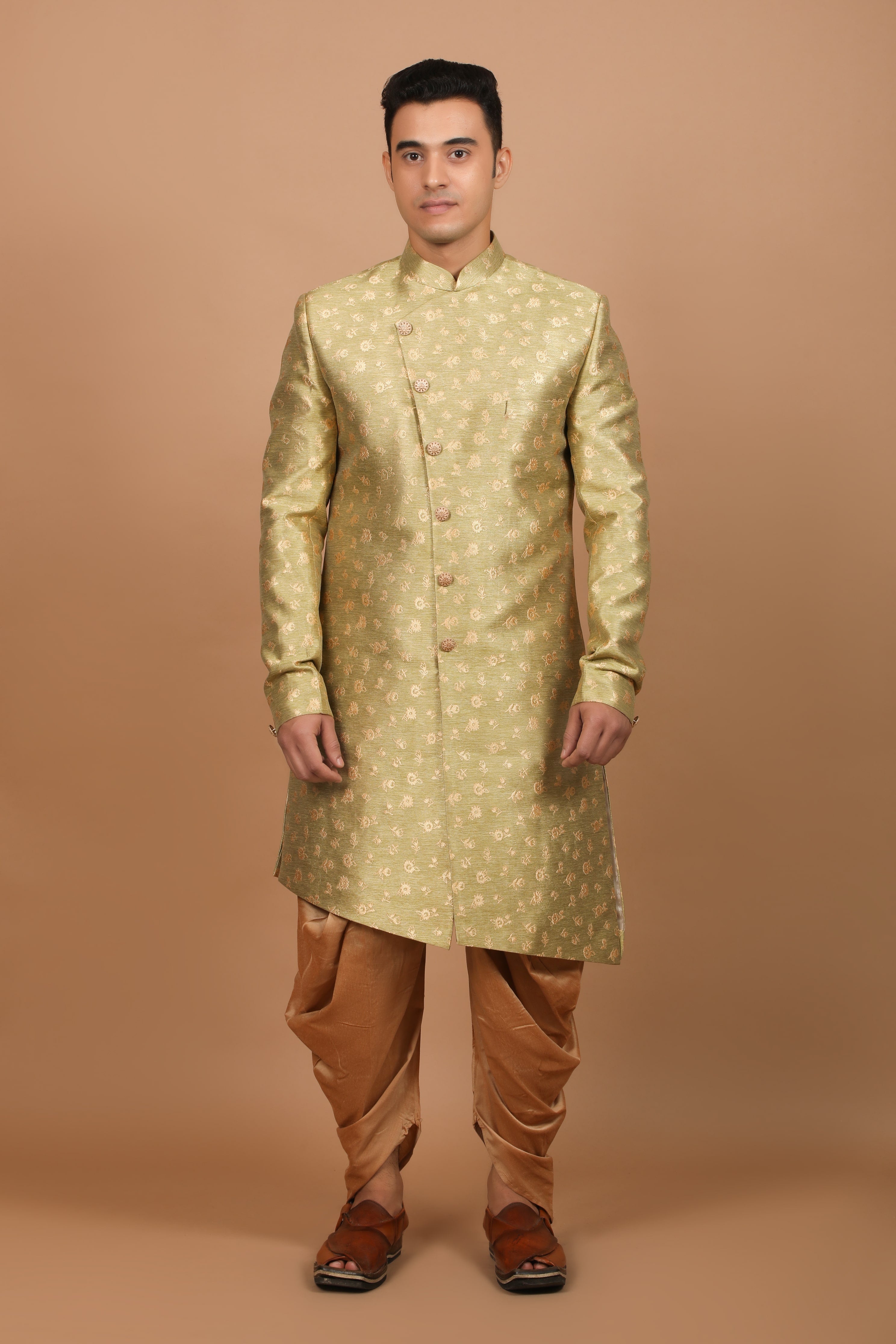 Rajwada Extremely Comfortable Shiny Green Indowestern for Men