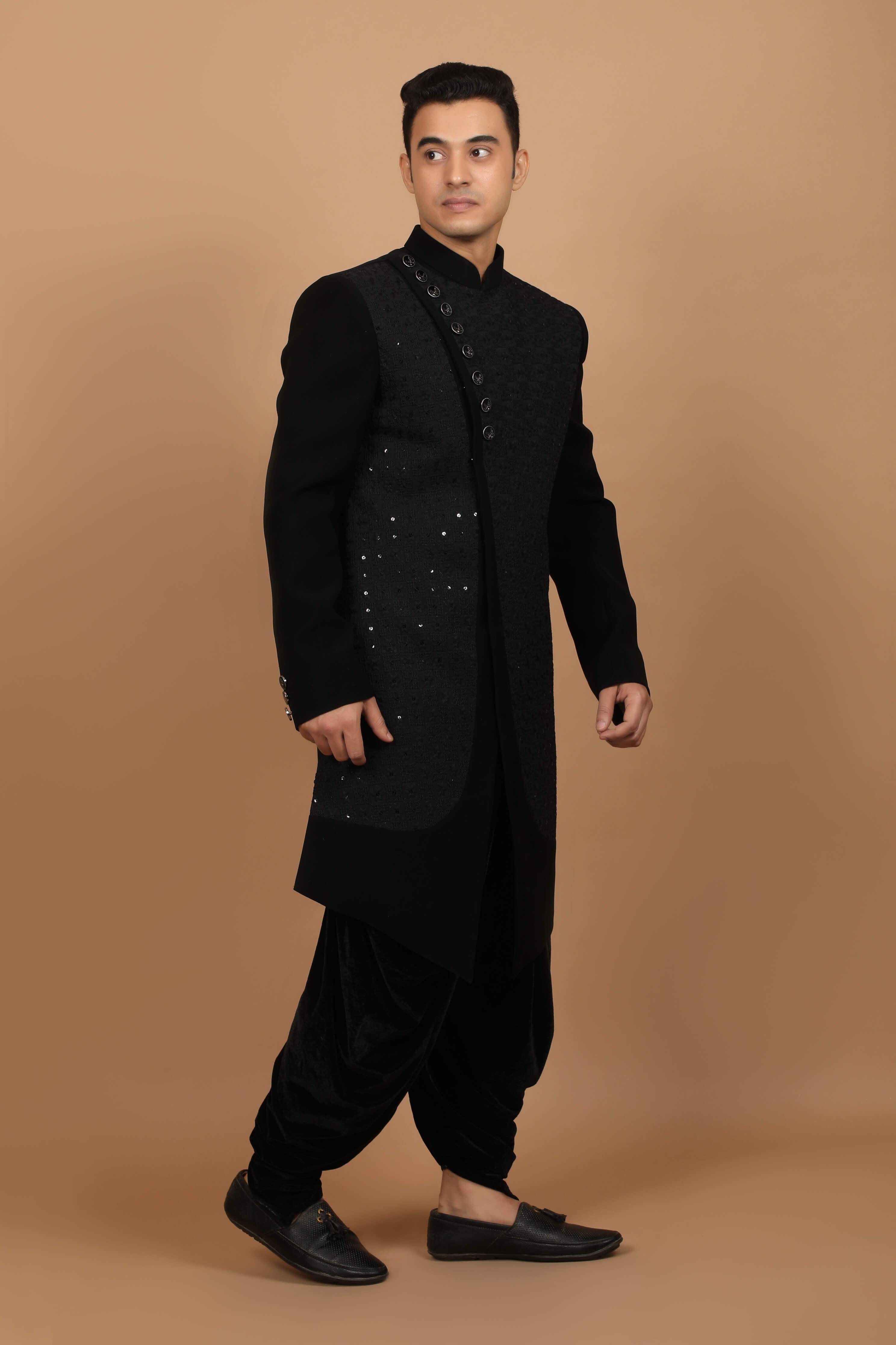 Rajwada Black Stylish Indowestern with Haram Style Bottom