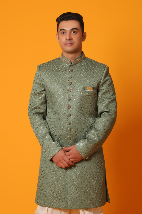 Rajwada Green Silk Embroidered Indowestern With Haram Bottom