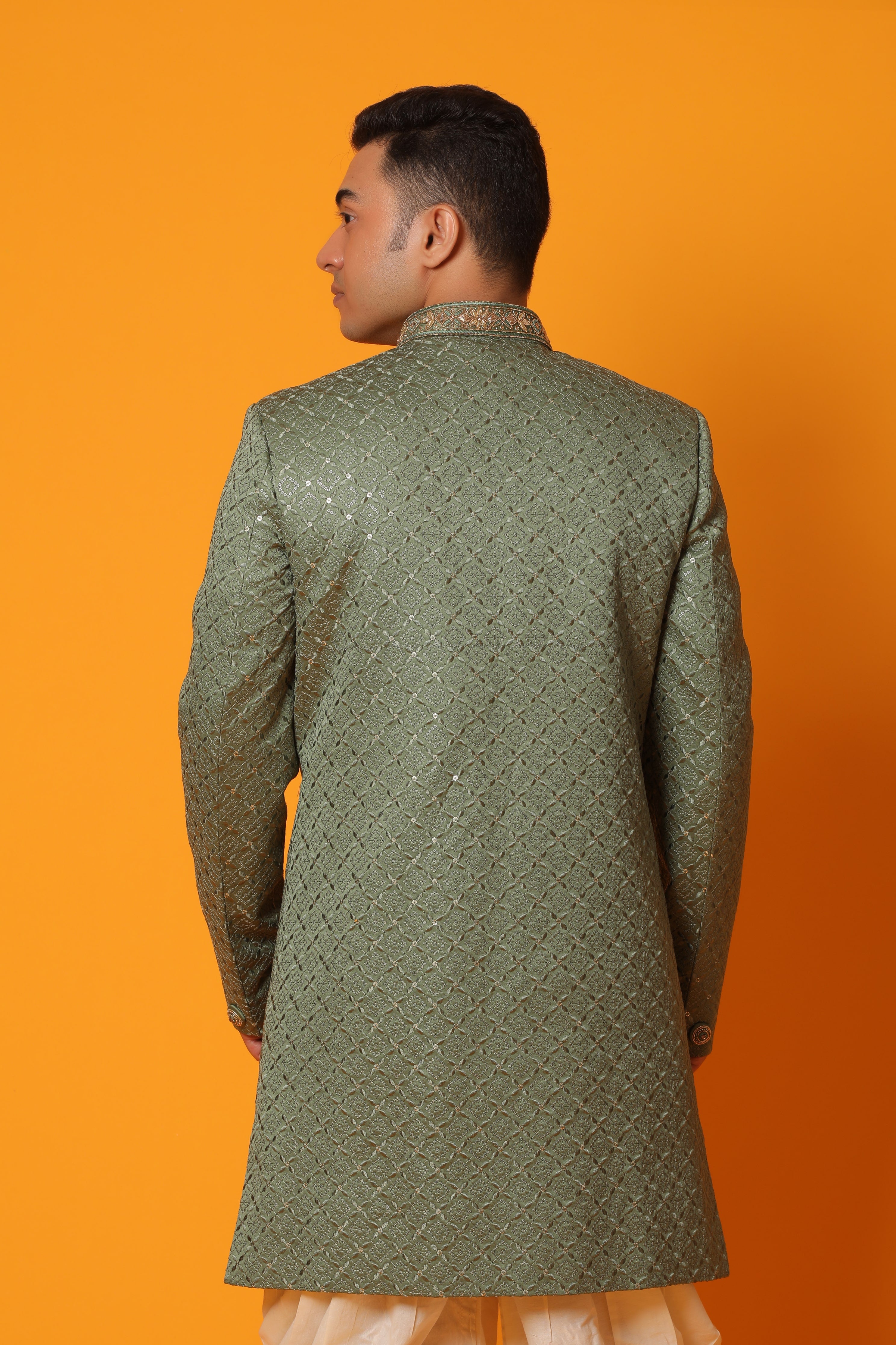 Rajwada Green Silk Embroidered Indowestern With Haram Bottom
