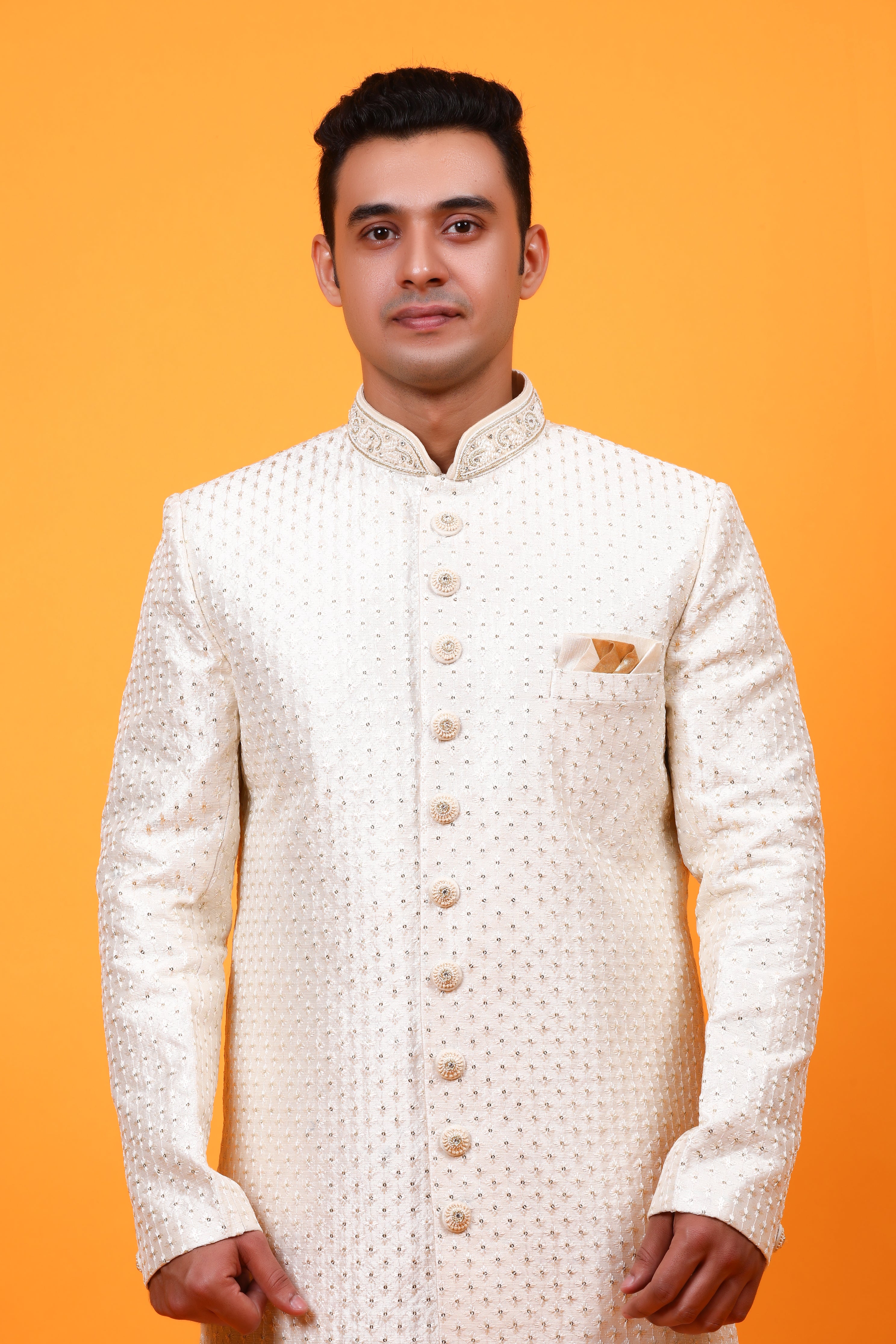 Rajwada White Silk Sherewani With White Thread Embroidery
