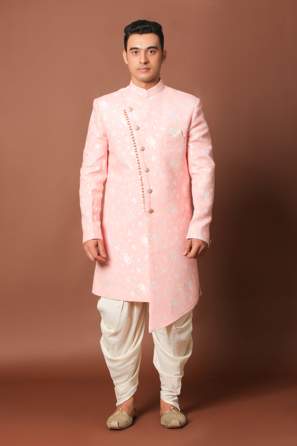 Rajwada Light Pink Indowestern With Silver Floral Embroidery