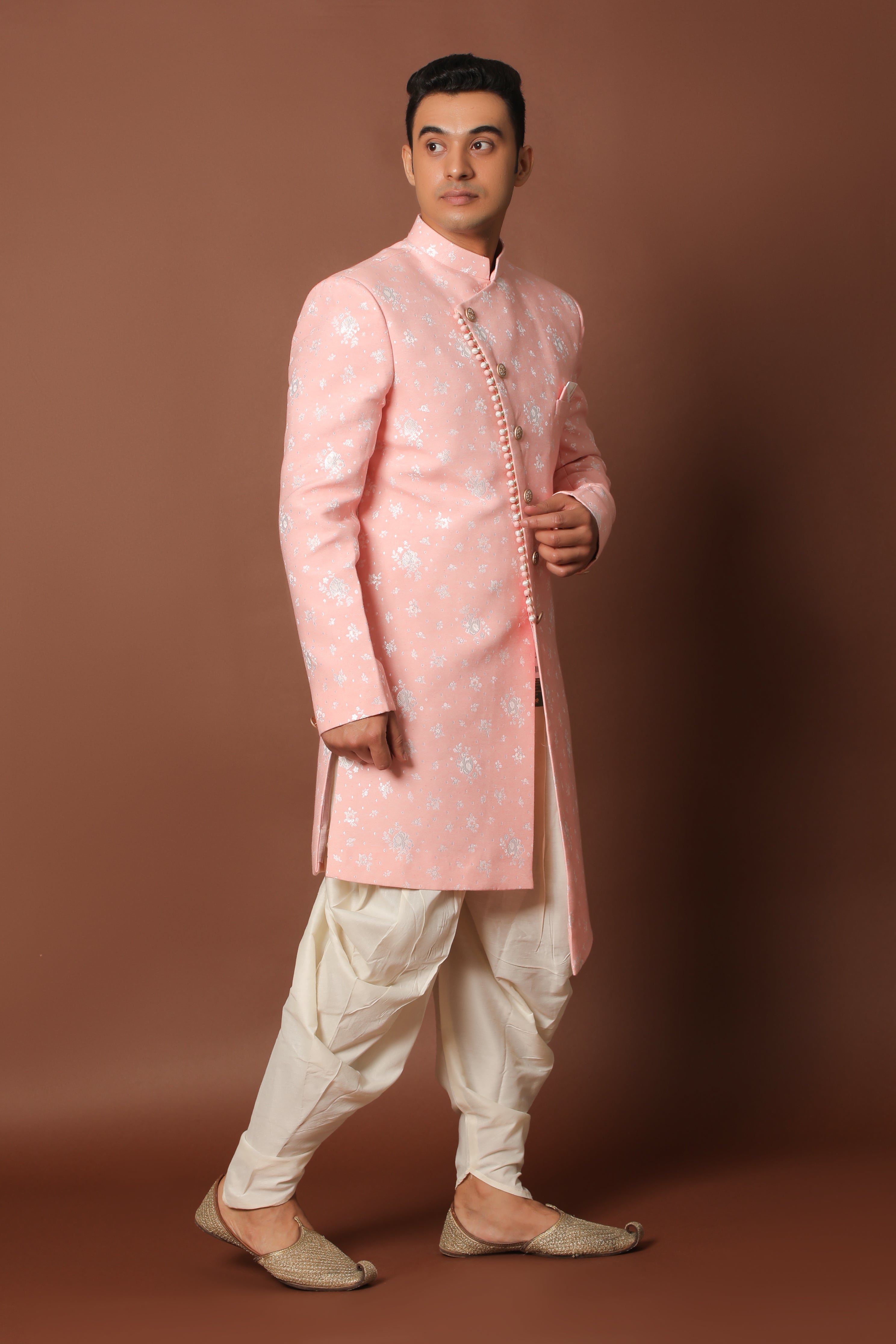 Rajwada Light Pink Indowestern With Silver Floral Embroidery